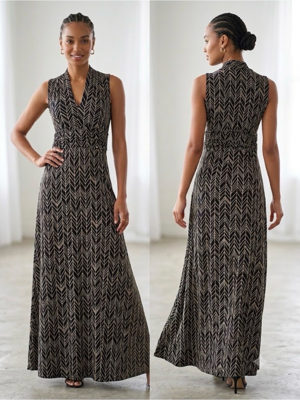 Vince Camuto Black and Cream Chevron Maxi Dress